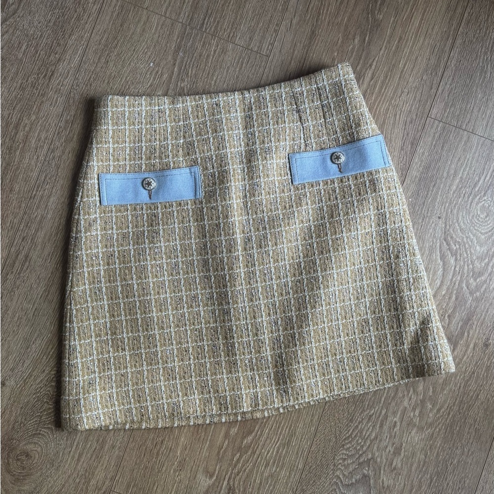 Sandro Stylish Tan and Blue Plaid Skirt